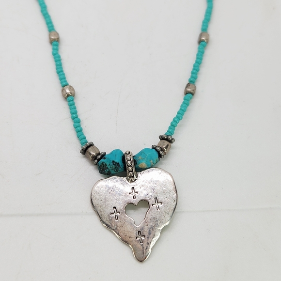 Jewelry - Vintage C Stein Heart W Stamped Cross Pendant Turquoise Bead Necklace Southwest